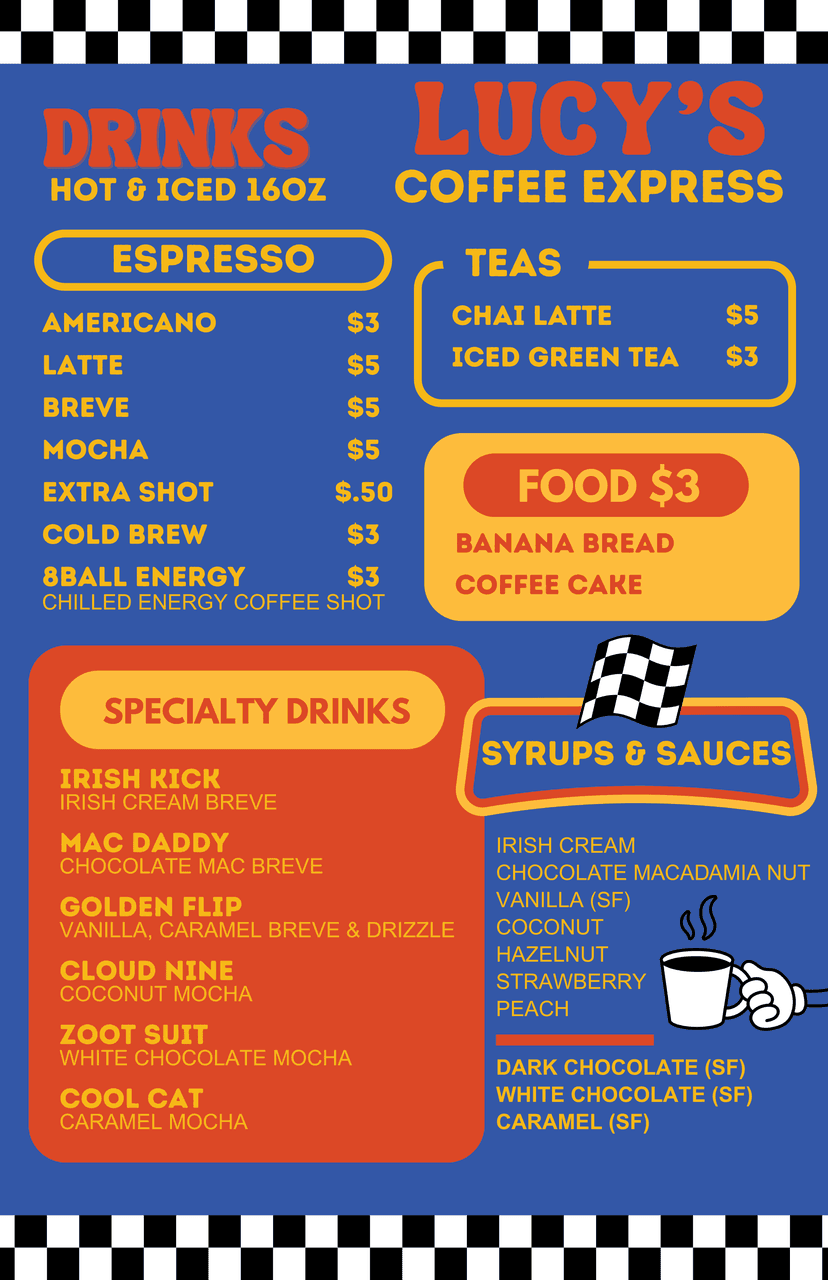 Lucy's Coffee Express full drink menu: espresso, specialty drinks, teas, and food